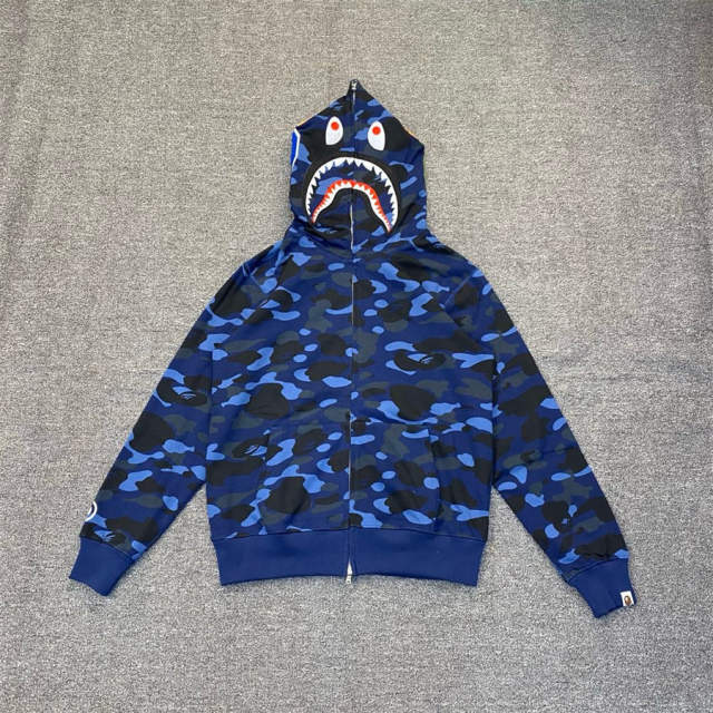 [Best Quality] 1:1 Bape 1ST OG Blue Full Camo Shark Full Zip up Hoodies
