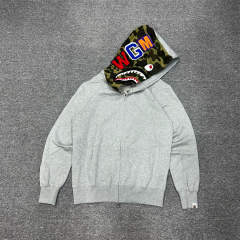[Best Quality] 1:1 BAPE Shark Full Zip-up Half Camo Hoodie Gray