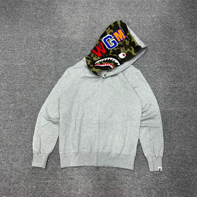 [Best Quality] 1:1 BAPE Shark Full Zip-up Half Camo Hoodie Gray