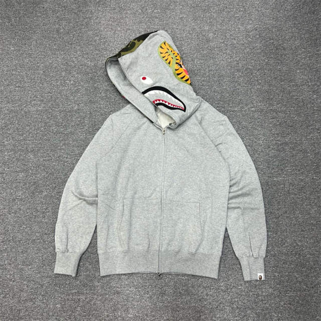[Best Quality] 1:1 BAPE Shark Full Zip-up Half Camo Hoodie Gray