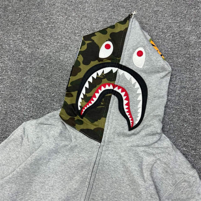 [Best Quality] 1:1 BAPE Shark Full Zip-up Half Camo Hoodie Gray