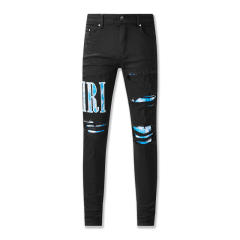 [Best Quality] AM 1:1 Embroidered blue Logo Jeans