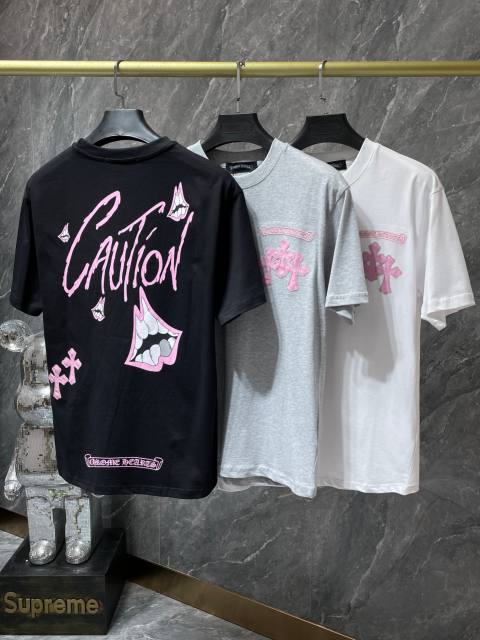 Chr0me Heart Pink Cross Patchwork Leather Sanskrit Hand Painted Graffiti tee 3 colors