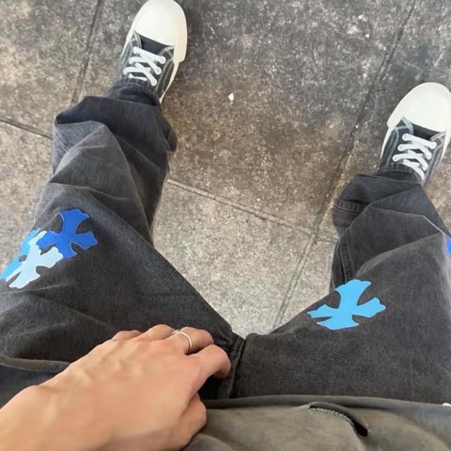 Chr0me Hearts Blue Leather Crosses Jeans Black