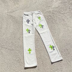 Chr0me  hearts green cross leather patch jeans white