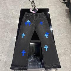 Chr0me Hearts Blue Leather Crosses Jeans Black