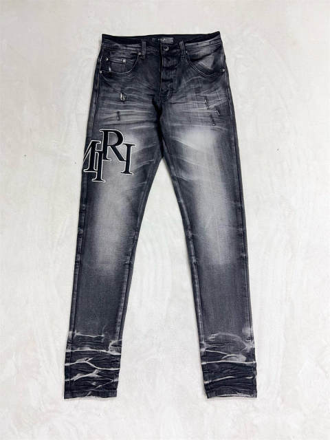 [Best Quality]1:1 Amir* Black Embroidered Logo Distressed Jeans
