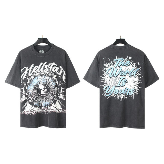 Hellstar Burst Letter Eye Print Washed Version T-Shirt Black