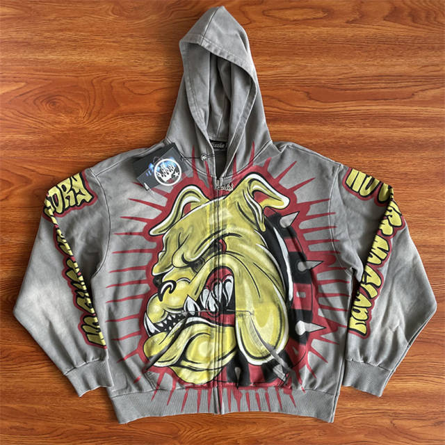 1:1 Quality Hellstar Studios Bull Dog Zip Up Hoodie Gray 2 Colors