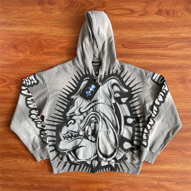 1:1 Quality Hellstar Studios Bull Dog Zip Up Hoodie Gray 2 Colors