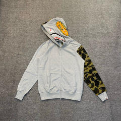 [Best Quality] 1:1 BAPE Shark Full Zip-up Half Camo Hoodie with Camo Sleeve Gray