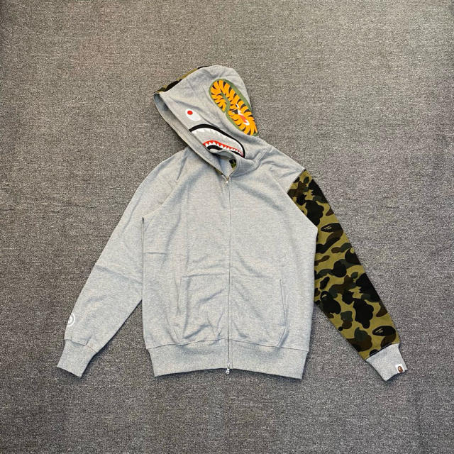[Best Quality] 1:1 BAPE Shark Full Zip-up Half Camo Hoodie with Camo Sleeve Gray