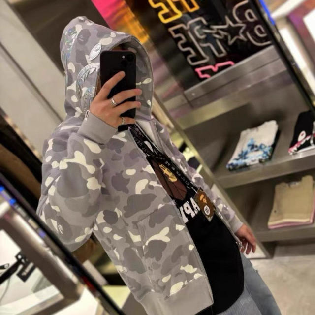 [Best Quality] 1:1 BAPE Shark Full Zip-up Camo Hoodie Glow in the Dark Gray