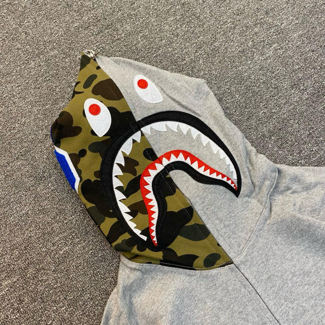 [Best Quality] 1:1 BAPE Shark Full Zip-up Half Camo Hoodie with Camo Sleeve Gray