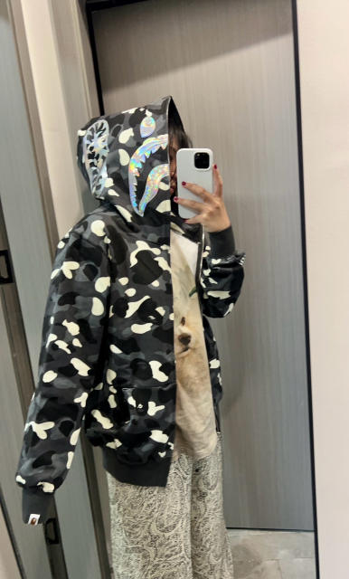 [Best Quality] 1:1 BAPE Shark Full Zip-up Camo Hoodie Glow in the Dark Black