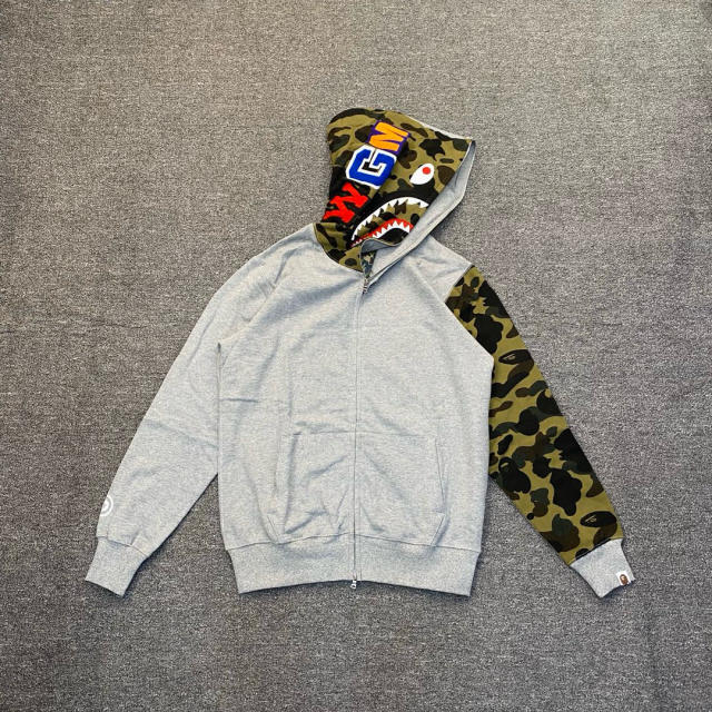 [Best Quality] 1:1 BAPE Shark Full Zip-up Half Camo Hoodie with Camo Sleeve Gray