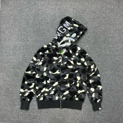 [Best Quality] 1:1 BAPE Shark Full Zip-up Camo Hoodie Glow in the Dark Black