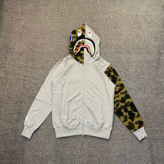 [Best Quality] 1:1 BAPE Shark Full Zip-up Half Camo Hoodie with Camo Sleeve Gray