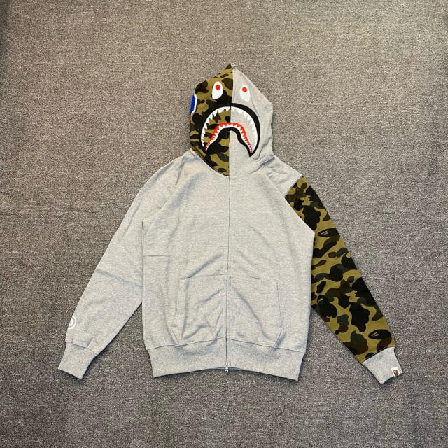 [Best Quality] 1:1 BAPE Shark Full Zip-up Half Camo Hoodie with Camo Sleeve Gray