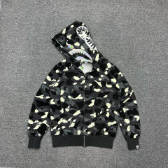[Best Quality] 1:1 BAPE Shark Full Zip-up Camo Hoodie Glow in the Dark Black