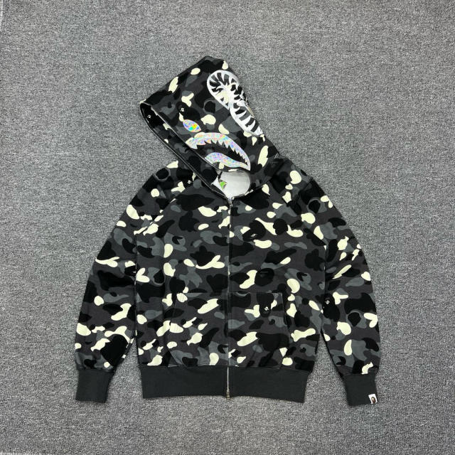 [Best Quality] 1:1 BAPE Shark Full Zip-up Camo Hoodie Glow in the Dark Black