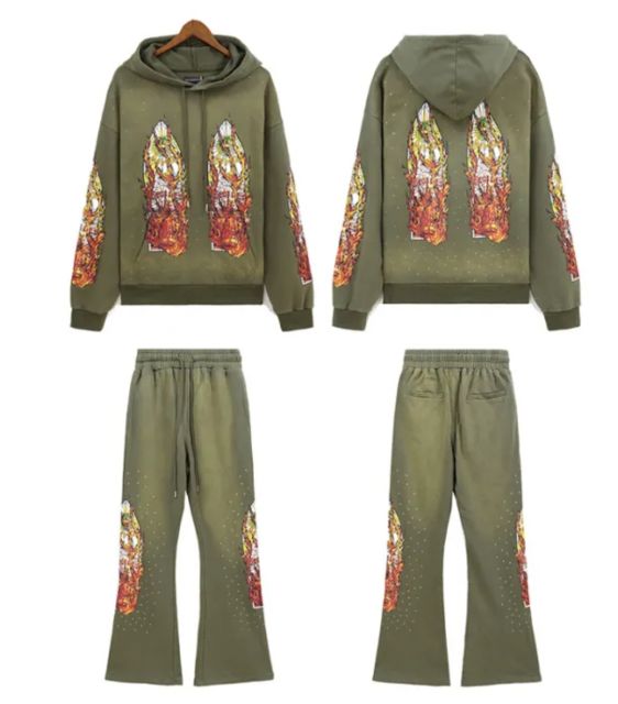 Who Decides War Flame Letter Print Washed Version hoodie & pants set 5 colors