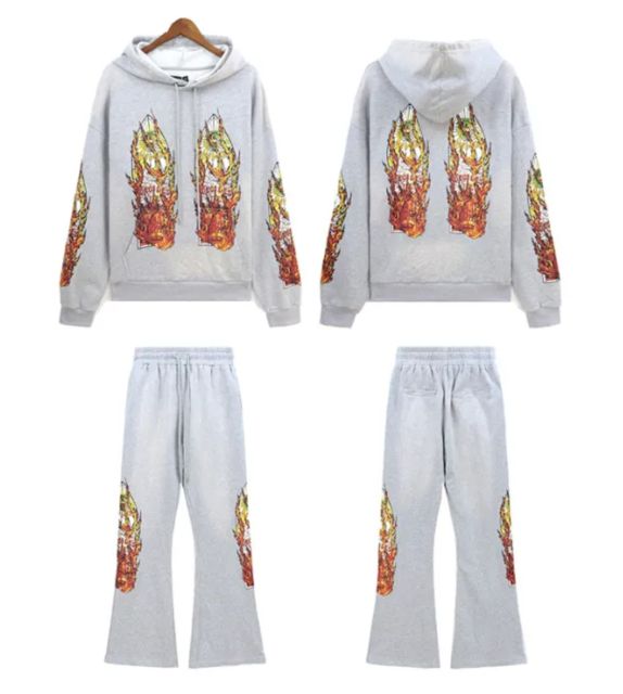 Who Decides War Flame Letter Print Washed Version hoodie & pants set 5 colors