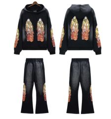 Who Decides War Flame Letter Print Washed Version hoodie & pants set 5 colors