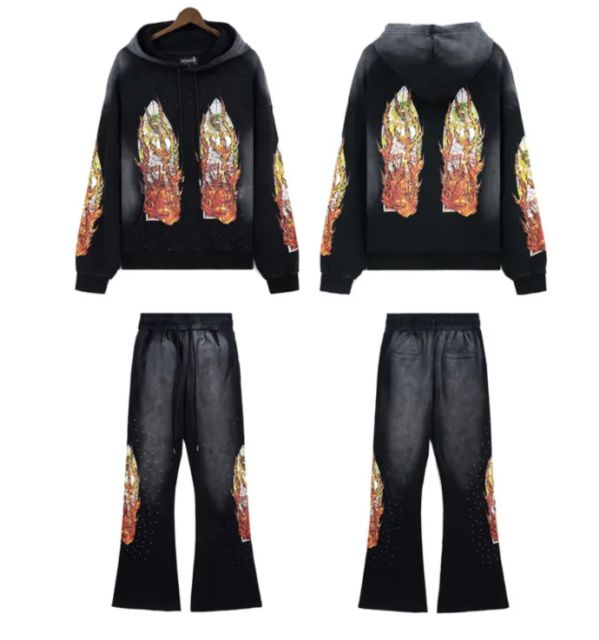 Who Decides War Flame Letter Print Washed Version hoodie & pants set 5 colors