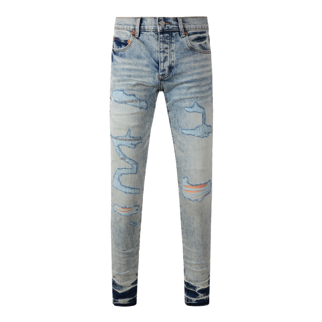 [Best Quality] #9097 AM 1:1 Embroidered blue Logo Jeans