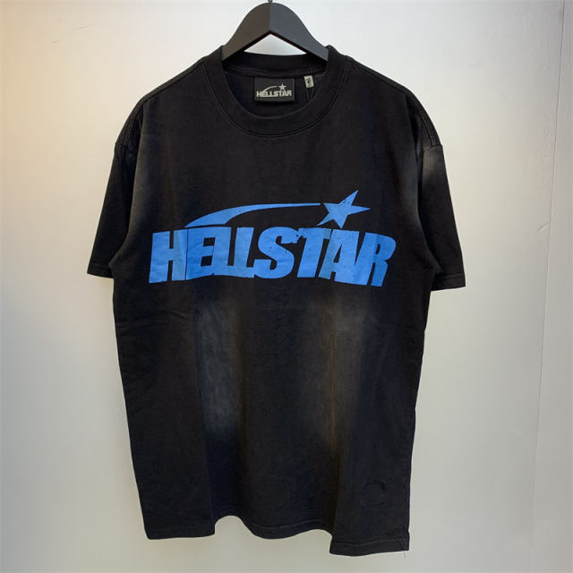 Hellstar Studios Classic Blue Logo Short Sleeve Tee Shirt Washed Black