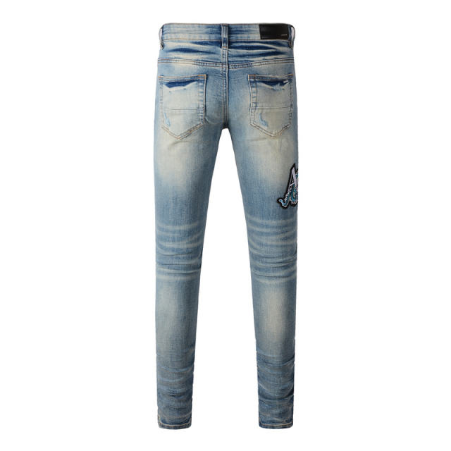 #8897 AM Dragon Embroidery Indigo Denim Jeans