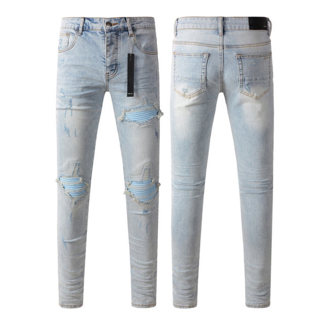 #8890 Indigo Denim Blue Patch Jeans Pants