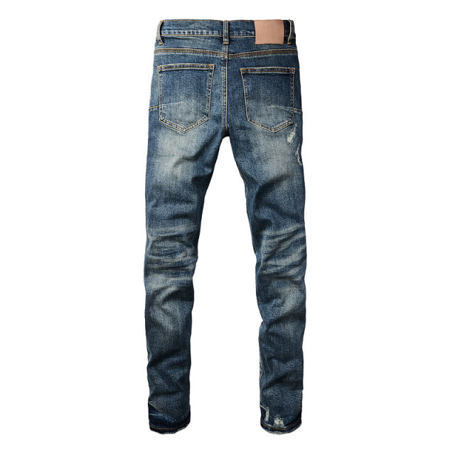 [Best Quality] #9097 AM 1:1 Embroidered blue Logo Jeans