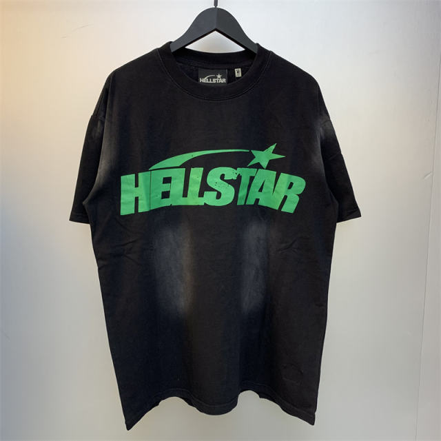 Hellstar Studios Classic Green Logo Short Sleeve Tee Shirt Washed Black