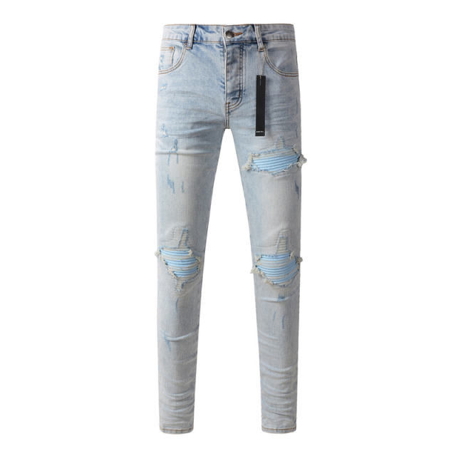 #8890 Indigo Denim Blue Patch Jeans Pants