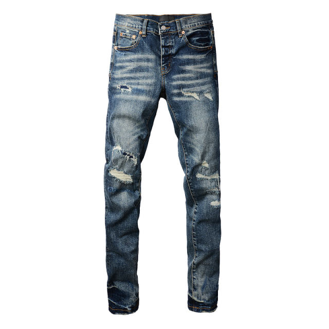 [Best Quality] #9097 AM 1:1 Embroidered blue Logo Jeans