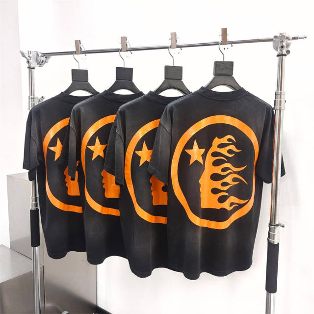 1:1 quality version Hellstar Front and back bright orange logo washed version tee with NFC tag (Physical Chip)