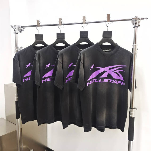 1:1 quality version Hellstar Front and back bright purple logo washed version tee with NFC tag (Physical Chip)