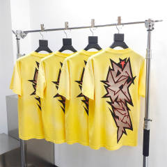 1:1 quality version Hellstar Broken Letter Red Star Washed Yellow Torn tee with NFC tag (Physical Chip)
