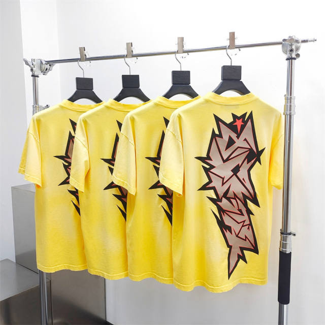 1:1 quality version Hellstar Broken Letter Red Star Washed Yellow Torn tee with NFC tag (Physical Chip)
