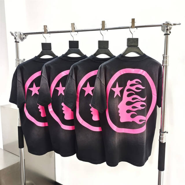 1:1 quality version Hellstar Fluorescent pink logo washed version tee with NFC tag (Physical Chip)