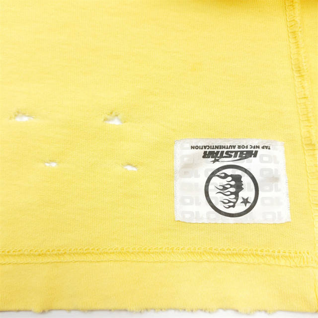 1:1 quality version Hellstar Broken Letter Red Star Washed Yellow Torn tee with NFC tag (Physical Chip)