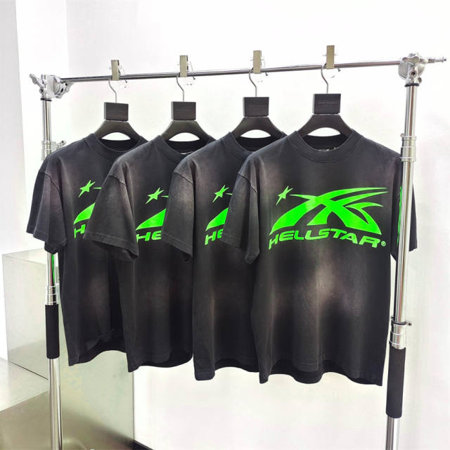 1:1 quality version Hellstar Front and back bright green logo washed version tee with NFC tag (Physical Chip)