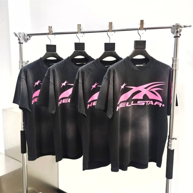 1:1 quality version Hellstar Fluorescent pink logo washed version tee with NFC tag (Physical Chip)