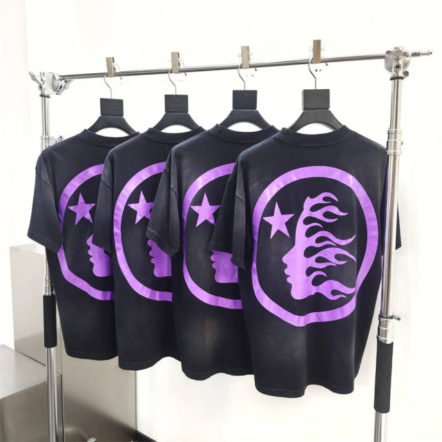 1:1 quality version Hellstar Front and back bright purple logo washed version tee with NFC tag (Physical Chip)