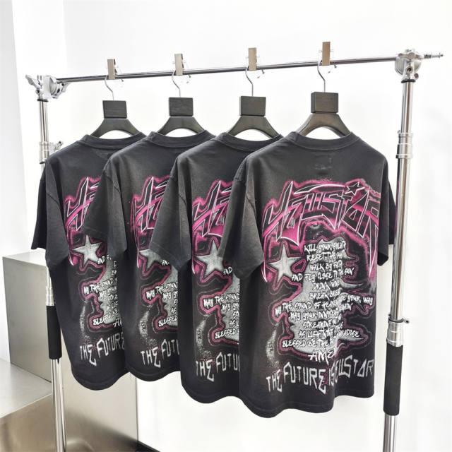 1:1 quality version Hellstar Pilot Letter Print Washed Version Tee with NFC tag