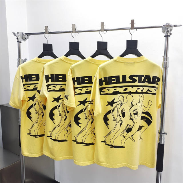 1:1 quality version Hellstar Washed Version Yellow Marathon Logo Print Tee with NFC tag