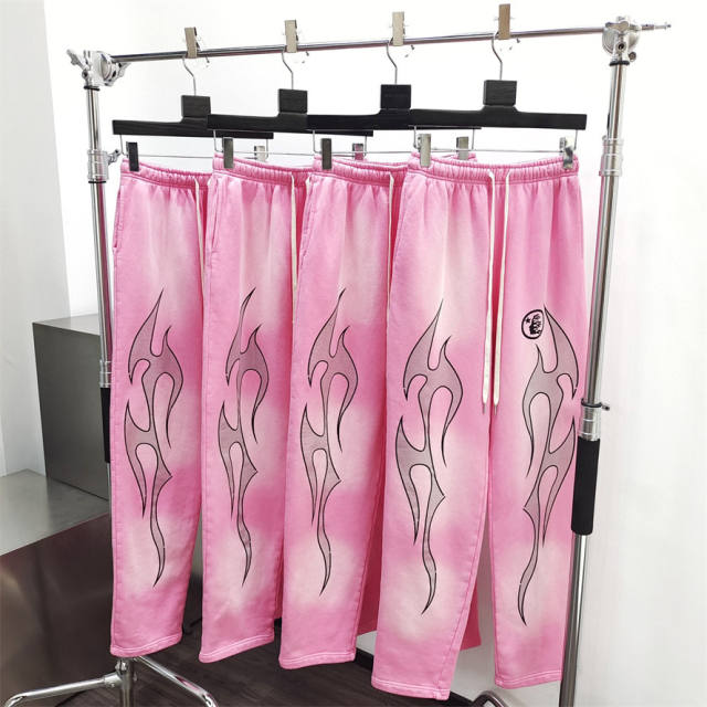 1:1 quality version Hellstar HS Black Flame Pink Washed Version Straight Leg Pants with NFC Tag