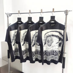 1:1 quality version Hellstar Brainwashed Big Eyes Letter Print Washed Version tee with NFC tag 2 colors (Physical Chip)